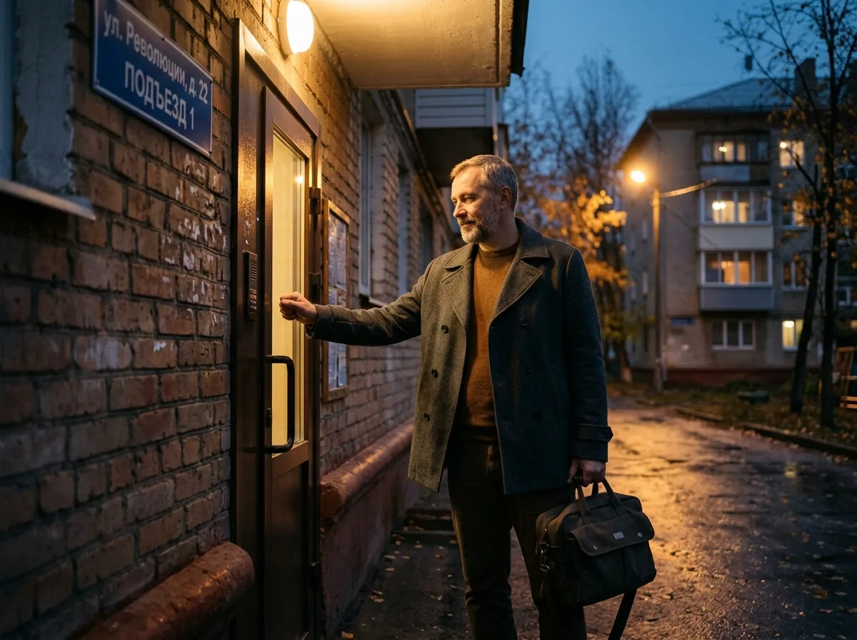Врач-нарколог в гражданской одежде с медицинским чемоданом у входной двери жилого дома в Воронеже, вечер, мягкое освещение, атмосфера доверия и профессионализма