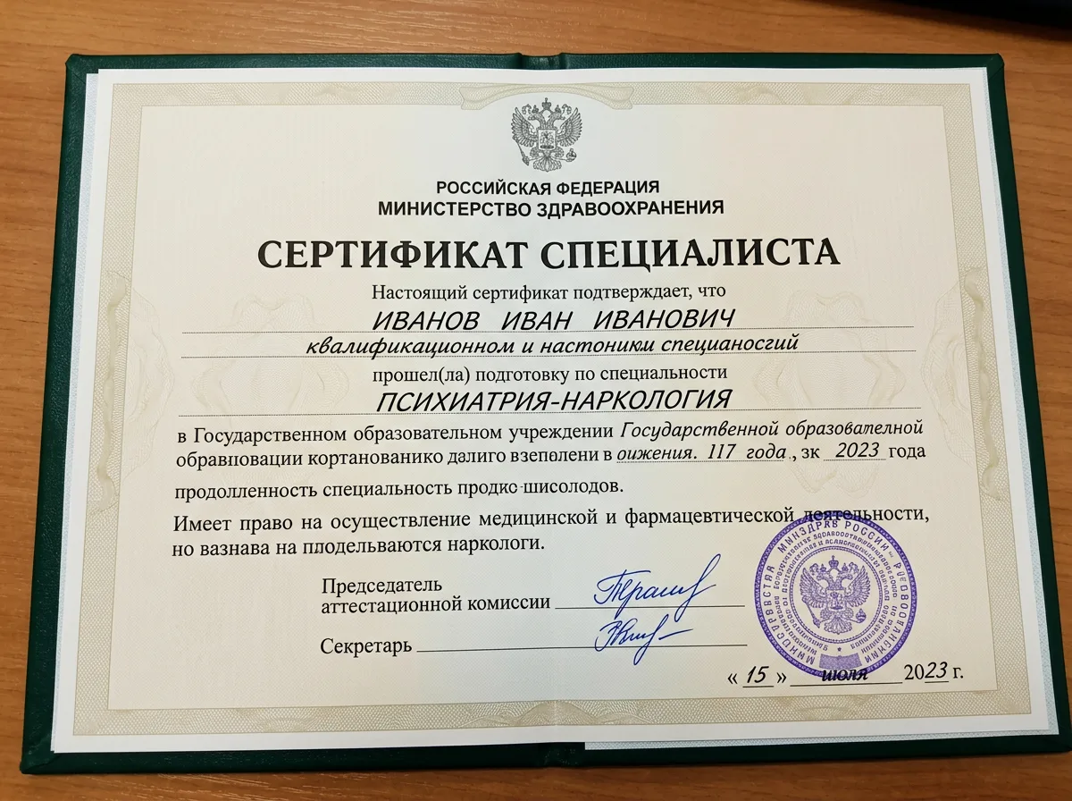 Сертификат специалиста врача-нарколога, бланк Минздрава России с подписью и гербовой печатью