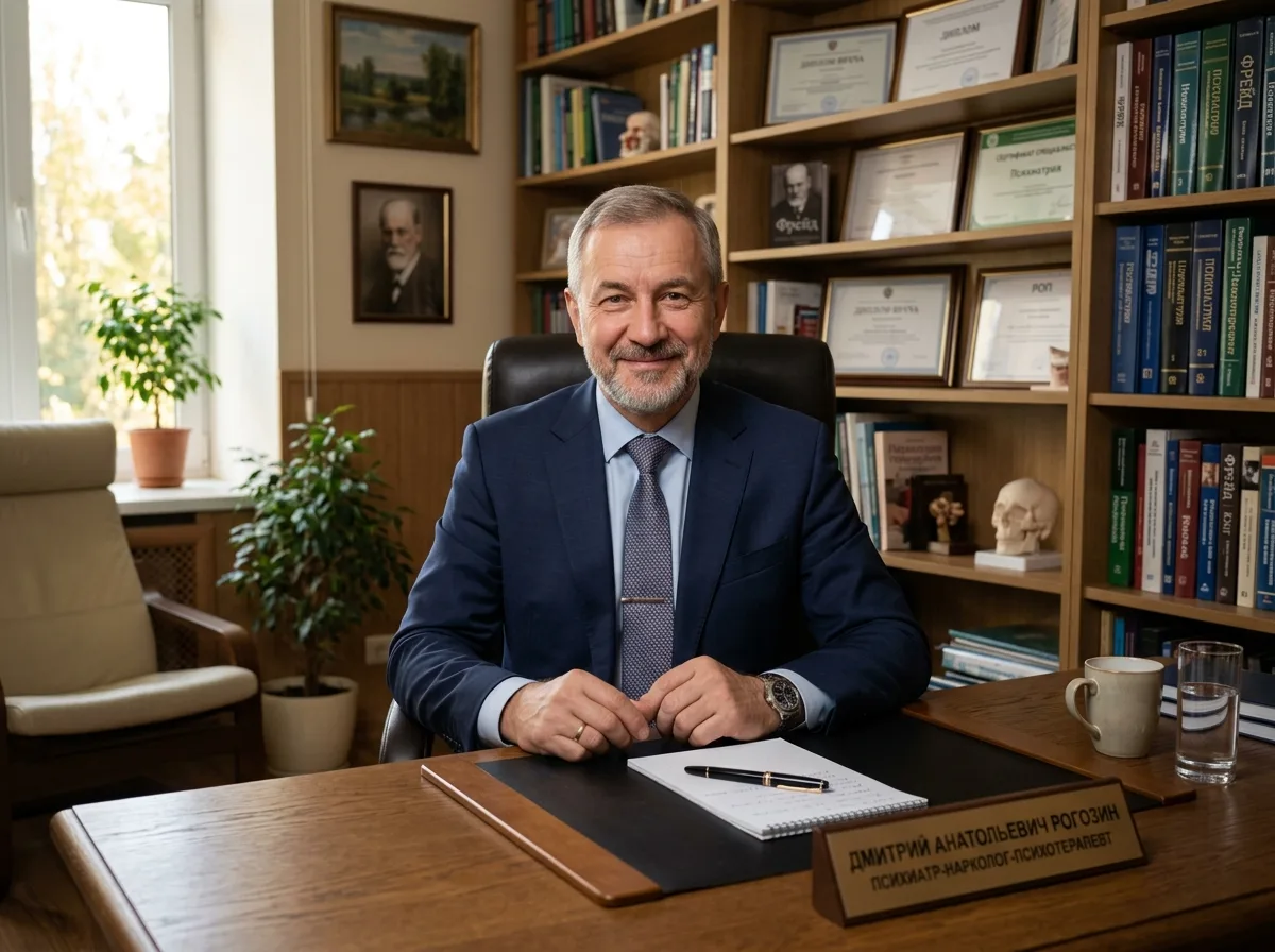 Портрет психиатра-нарколога психотерапевта Рогозина Дмитрия Анатольевича, врач в деловом костюме в кабинете консультации